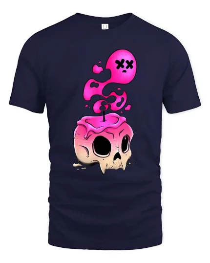 Melting Skull T-Shirt Pink Drip Gothic Graphic Tee - navy t-shirt on white background
