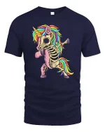 Skeleton Unicorn T-Shirt Funny Rainbow Dabbing Tee - navy t-shirt on white background