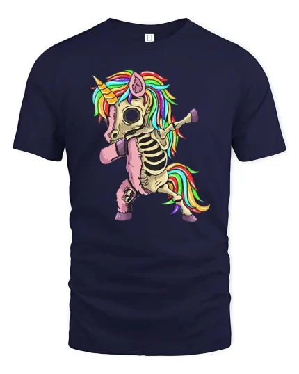 Skeleton Unicorn T-Shirt Funny Rainbow Dabbing Tee - navy t-shirt on white background