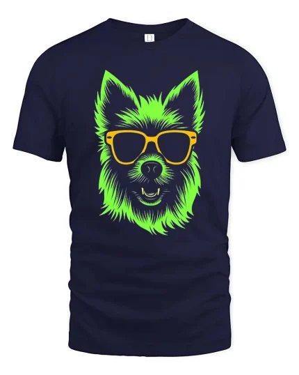 Neon Dog T-Shirt Cool Sunglasses Puppy Graphic Tee - navy t-shirt on white background