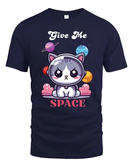 Give Me Space Cat T-Shirt Cute Astronaut Kitty Tee - navy t-shirt on white background