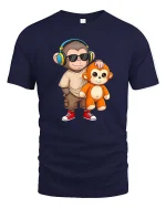 Cool Monkey T-Shirt Headphones Cute Cartoon Graphic Tee - navy t-shirt on white background