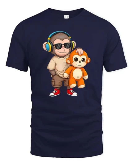 Cool Monkey T-Shirt Headphones Cute Cartoon Graphic Tee - navy t-shirt on white background