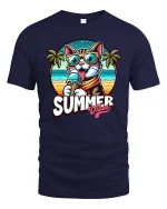 Summer Cat T-Shirt Cute Beach Vibes Ice Cream Graphic - navy t-shirt on white background