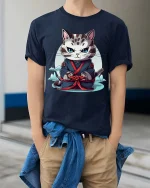 Samurai Cat T-Shirt Japanese Warrior Cute Graphic Tee - model wearing navy tee with hands in pockets