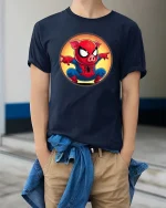 Superhero Pig T-Shirt Funny Comic Animal Graphic Tee - model wearing navy tee with hands in pockets
