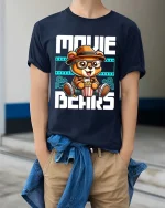 Movie Bears T-Shirt Cute Cinema Lover Graphic Tee - model wearing navy tee with hands in pockets