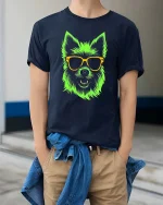 Neon Dog T-Shirt Cool Sunglasses Puppy Graphic Tee - model wearing navy tee with hands in pockets