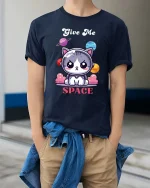 Give Me Space Cat T-Shirt Cute Astronaut Kitty Tee - model wearing navy tee with hands in pockets