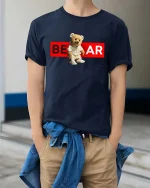 Bear Streetwear T-Shirt Cool Teddy Urban Graphic Tee - model wearing navy tee with hands in pockets