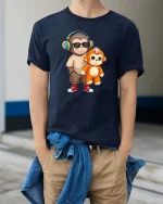 Cool Monkey T-Shirt Headphones Cute Cartoon Graphic Tee - model wearing navy tee with hands in pockets