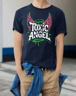 Toxic Angel T-Shirt Streetwear Gothic Graphic Grunge Tee - model wearing navy tee with hands in pockets