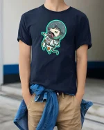 Funny Space Opossum T-Shirt Cute Astronaut Animal Tee - model wearing navy tee with hands in pockets