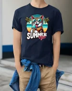 Summer Cat T-Shirt Cute Beach Vibes Ice Cream Graphic - model wearing navy tee with hands in pockets