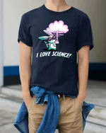 Funny Science Bunny T-Shirt Cute Lab Rabbit Graphic Tee - model wearing navy tee with hands in pockets