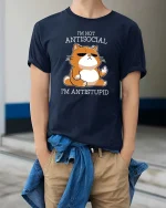 Funny Antisocial Cat T-Shirt Sarcastic Humor Graphic - model wearing navy tee with hands in pockets