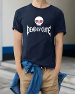 Deadly Cute T-Shirt Skull Heart Eyes Gothic Graphic - model wearing navy tee with hands in pockets