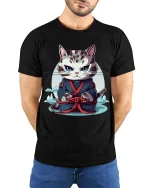 Samurai Cat T-Shirt Japanese Warrior Cute Graphic Tee - model wearing black tee with hands behind back