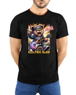 Electric Bear T-Shirt Rock Guitar Animal Graphic Tee - model wearing black tee with hands behind back