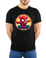 Superhero Pig T-Shirt Funny Comic Animal Graphic Tee - model wearing black tee with hands behind back