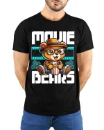Movie Bears T-Shirt Cute Cinema Lover Graphic Tee - model wearing black tee with hands behind back