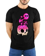 Melting Skull T-Shirt Pink Drip Gothic Graphic Tee - model wearing black tee with hands behind back
