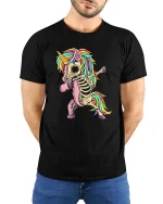 Skeleton Unicorn T-Shirt Funny Rainbow Dabbing Tee - model wearing black tee with hands behind back