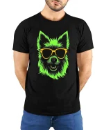 Neon Dog T-Shirt Cool Sunglasses Puppy Graphic Tee - model wearing black tee with hands behind back