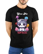 Give Me Space Cat T-Shirt Cute Astronaut Kitty Tee - model wearing black tee with hands behind back