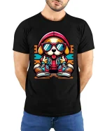Cool Dog T-Shirt Hip Hop Puppy Graphic Streetwear Tee - model wearing black tee with hands behind back