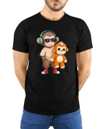 Cool Monkey T-Shirt Headphones Cute Cartoon Graphic Tee - model wearing black tee with hands behind back