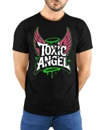 Toxic Angel T-Shirt Streetwear Gothic Graphic Grunge Tee - model wearing black tee with hands behind back