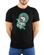 Funny Space Opossum T-Shirt Cute Astronaut Animal Tee - model wearing black tee with hands behind back