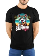 Summer Cat T-Shirt Cute Beach Vibes Ice Cream Graphic - model wearing black tee with hands behind back