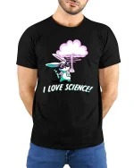 Funny Science Bunny T-Shirt Cute Lab Rabbit Graphic Tee - model wearing black tee with hands behind back