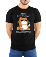 Funny Antisocial Cat T-Shirt Sarcastic Humor Graphic - model wearing black tee with hands behind back