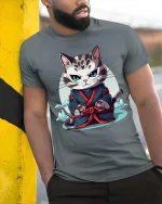 Samurai Cat T-Shirt Japanese Warrior Cute Graphic Tee - model wearing grey tee, leaning on column