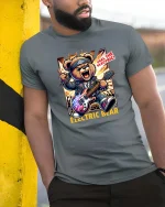 Electric Bear T-Shirt Rock Guitar Animal Graphic Tee - model wearing grey tee, leaning on column