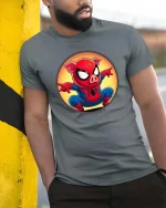 Superhero Pig T-Shirt Funny Comic Animal Graphic Tee - model wearing grey tee, leaning on column