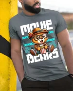 Movie Bears T-Shirt Cute Cinema Lover Graphic Tee - model wearing grey tee, leaning on column