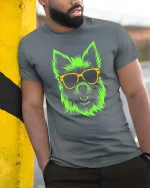 Neon Dog T-Shirt Cool Sunglasses Puppy Graphic Tee - model wearing grey tee, leaning on column