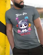 Give Me Space Cat T-Shirt Cute Astronaut Kitty Tee - model wearing grey tee, leaning on column
