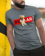 Bear Streetwear T-Shirt Cool Teddy Urban Graphic Tee - model wearing grey tee, leaning on column