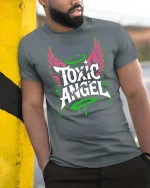 Toxic Angel T-Shirt Streetwear Gothic Graphic Grunge Tee - model wearing grey tee, leaning on column