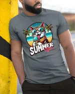 Summer Cat T-Shirt Cute Beach Vibes Ice Cream Graphic - model wearing grey tee, leaning on column