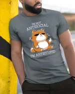 Funny Antisocial Cat T-Shirt Sarcastic Humor Graphic - model wearing grey tee, leaning on column