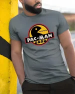 Retro Arcade Maze Eater T-Shirt Classic Gamer Graphic Tee - model wearing grey tee, leaning on column