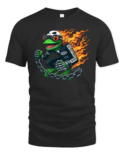 Flaming Frog Biker Graphic Cool Motorcycle Rider Animal T-shirt - black t-shirt on white background