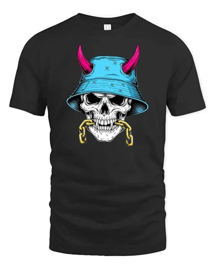 Skull Bucket Hat Street Style Graphic Edgy Art T-shirt - black t-shirt on white background