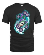 Mystic Koi Fish Floral Artistic Japanese Style Graphic T-shirt - black t-shirt on white background